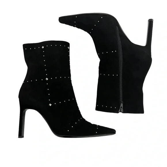 CASADEI Black Suede Stiletto Silver Rivets Studs Boots Snip Toe Chic Size 8 - Picture 5 of 11